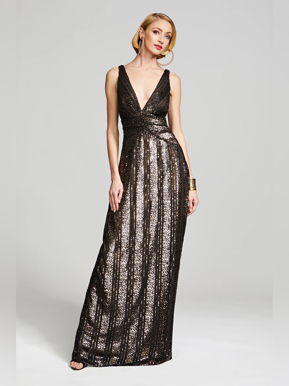 Halston Esra Black & Gold Sequin Plunge Maxi Gown